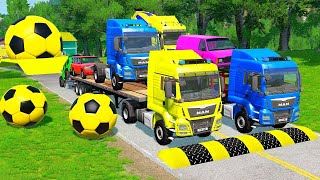 Double Flatbed Trailer Truck vs Speedbumps Train vs Cars Tractor vs Train BeamngDrive 020 [upl. by Om]