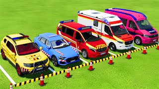 DACIA AUDI VOLKSWAGEN POLICE CARS amp MERCEDES AMBULANCE EMERGENCY VEHICLES TRANSPORTING  FS22 [upl. by Andie]