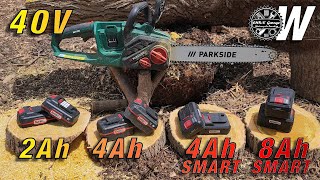 PARKSIDE 40V Chainsaw 2Ah vs 4Ah vs 4Ah8Ah SMART Battery Challenge [upl. by Phaih858]