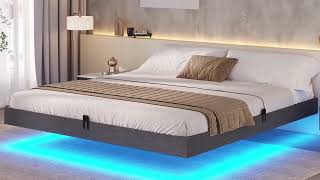 Sikaic Floating Bed Frame Linen Upholstered Platform With LED Lights Underbed Storage Space [upl. by Eselehs]