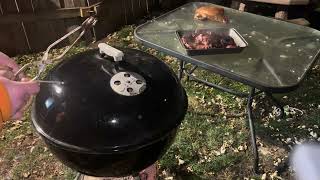 Grilling Marinated New York Strip Steaks On A Charcoal Weber Grill [upl. by Rebeca997]