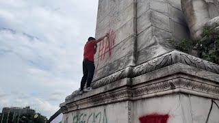 Columbus Memorial SprayPainted at Protest Against Netanyahu Visit in DC [upl. by Ursas642]