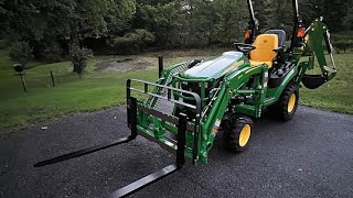 John Deere 1025R  260B backhoe stump removal [upl. by Dacey437]