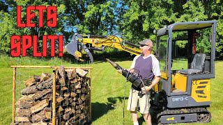 Splitting wood w Chinese mini excavator Testing Miva hydraulic cone style log splitter [upl. by Atekihc313]