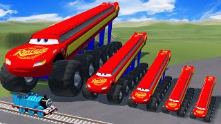 Big amp Small Tall amp Long Lightning Mcqueen with Monster Truck Wheels vs Thomas Trains  BeamNGDrive [upl. by Cynthea]