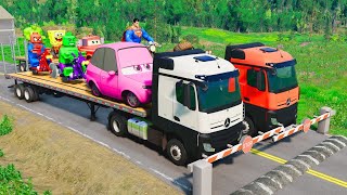 Flatbed Trailer Truck Potholes Transport Car Portal Trap Rescue  Cars vs Speed Bumps  BeamNGdrive [upl. by Nirtiak]