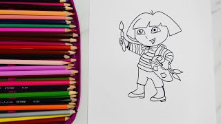 How to draw a Dora cartoon with coloring page Easy Dora drawing [upl. by Cahn]