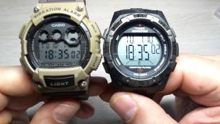 Timex T49851 vibro alarm vs Casio W735H 5AV vibro alarm [upl. by Akinat365]