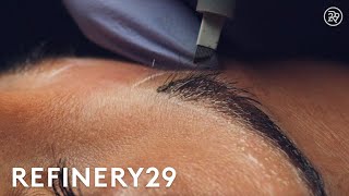 Microblading Permanent Eyebrow Tattoo Up Close  Macro Beauty  Refinery29 [upl. by Gaven183]