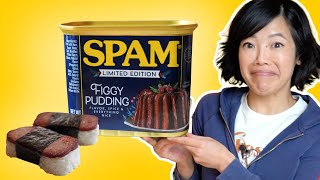 Dessert SPAM Limited Edition Figgy Pudding SPAM Taste Test  Spam Musubi [upl. by Halak]