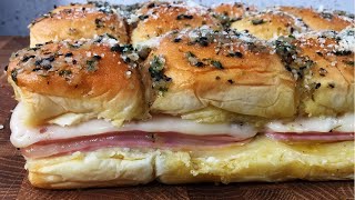 HAM and SWISS CHEESE SLIDERS w Kings Hawaiian Sweet Dinner Rolls Bread Slider MELTS in your mouth [upl. by Quickman604]