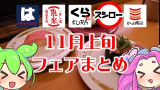 【回転寿司】11月上旬、スシロー、はま寿司、くら寿司、かっぱ寿司、魚べい、フェアメニューまとめ 【ずんだもん】 [upl. by Mathia]