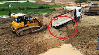 25T Dump Truck Fail Loading And Stuck Recovery By Bulldozer [upl. by Litnahc]