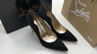 Christian Louboutin Lipstrass pump 100mm in black satin leather Unboxing Review [upl. by Ydnir]