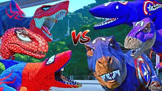 ALL RED amp BLUE SPIDERMAN vs ALL BLUE CAPTAIN AMERICA  Super Hero Dinosaurs [upl. by Novahc]