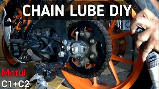 KTM RC 390 CHAIN LUBE DIY  HOW TO LUBE AND CLEAN MOTORCYCLE CHAIN  WITH MOTUL C1 C2 [upl. by Woodall]