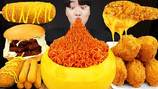 ASMR MUKBANG 직접 만든 치즈 햄버거 치즈스틱 불닭볶음면 핫도그 먹방 amp 레시피 FIRE NOODLES AND BURGER EATING SOUND [upl. by Burnside]