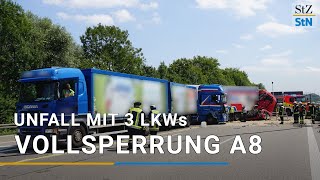 A8 nach Unfall mit drei Lkws voll gesperrt [upl. by Atteuqnas]