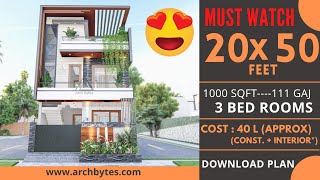 20x50 Feet Modern House Design 3D 3 Bedrooms 2 Bathrooms 2 Floors 6x15 Meters  1000 Sqft [upl. by Christan]