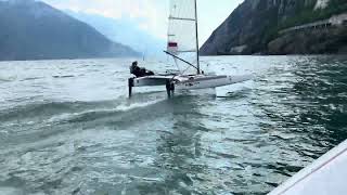 Attempt for a foiling tack on A Class Catamaran Foil in Garda [upl. by Teragramyram]