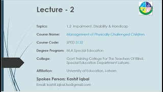 Lecture 2 12 Difference between disabilityimpairment and handicap [upl. by Akinak]