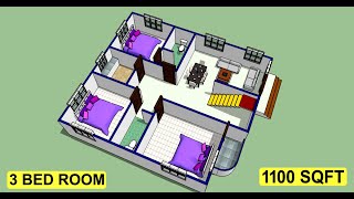 1100 sqft house plan design II 3 bed room home design II 1100 sqft ghar ka naksha [upl. by Marybelle]