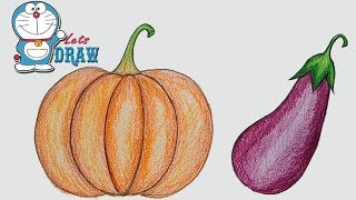 How to draw realistic vegetables  pumpkin amp Brinjal step by step [upl. by Anoirtac984]