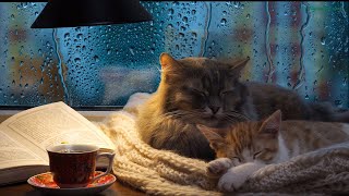 Cat purring sound with light rain outside the window Comforting sounds for relaxation [upl. by Zetrauq]