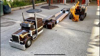 RC4WD Excavator and Lowboy Trailer towed by Custom Tamiya Grand Hauler [upl. by Aicelef]