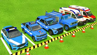 TRANSPORTING ALL BLUE POLICE CARS amp AMBULANCE EMERGENCY WITH MAN TRUCKS  Farming Simulator 22 [upl. by Honeywell]