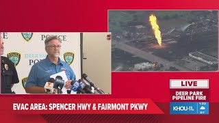 Recorded earlier Deer Park city officials give update on pipeline fire [upl. by Akeemahs]