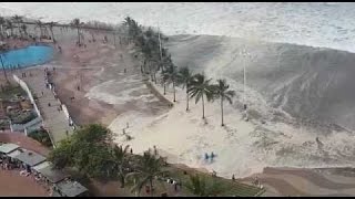 Japan Tsunami Caught On Camera  Ocean Overtops Wall [upl. by Ailemaj722]