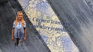 Upcycling Jeans Top Carmenausschnitt aus alter Jeanshose  Lilo Siegel [upl. by Aiva]