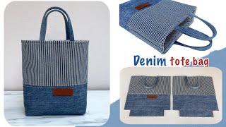 Easy and Quick sewing small denim tote bag tutorial from scrap old jeanssmall tote bag tutorial [upl. by Aneel29]