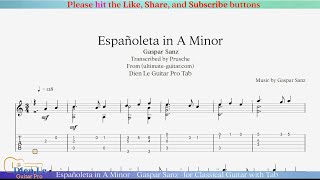 Españoleta in A Minor  Gaspar Sanz for Classical Guitar with Tab [upl. by Ameg]