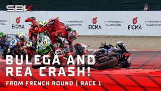 Lap 1 drama as Rea and Bulega both crash at Turn 17 💥  2024 FrenchWorldSBK 🇫🇷 [upl. by Nnayelsel]