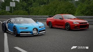 Forza 7 Drag race Bugatti Chiron vs Nissan Skyline GTR R34 Tuned [upl. by Sherrer860]