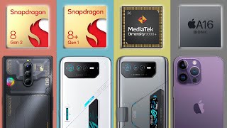 Snapdragon 8 Gen 2 vs SD 8 Gen 1 vs A16 Bionic vs Dimensity 9000 [upl. by Llehsram686]