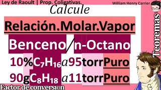 𝑹𝒆𝒍𝒂𝒄𝒊ó𝒏 𝒎𝒐𝒍𝒂𝒓 𝒅𝒆 𝒗𝒂𝒑𝒐𝒓 bencenonoctano con 10  C₆H₆ 95 torr puro con 90 noctano 11 torr puro [upl. by Yessac21]