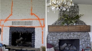 Stone Fireplace BEFORE and AFTER  Farmhouse Fireplace  DIY Mantle [upl. by Ketti33]