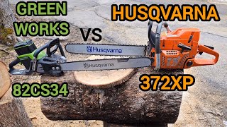 Cordless 24quot vs 372xp Husqvarna Chainsaw duel Greenworks 82CS34 battery electric vs gas logger saw [upl. by Dar]