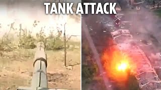 Ukrainian tank finds Russian hideout and blows warehouse to bits with close range blast [upl. by Croix]