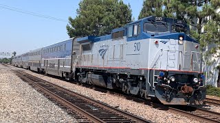 Amtrak dash 8 510 on surfliner and BNSF SD70MAC passing Santa Fe springs double crossings [upl. by Adikam253]