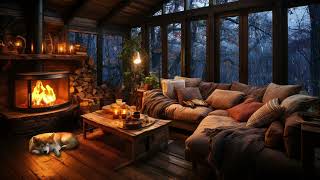 Rainy Autumn Day with Crackling Fireplace in a Cozy Hut Ambience  Relax Sleep or Study [upl. by Kcirdled]