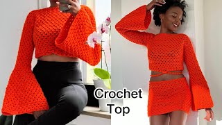 DIY Crochet Bell Sleeve Top With Granny Stitch crochet [upl. by Nevad834]