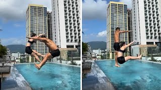 Couple show off their athletic skills by spelling out love while jumping in the pool [upl. by Ahseital]