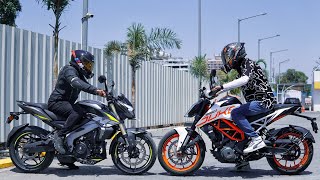 Pulsar NS400 VS BS4 Duke 390 RACE  The new Pocket Rocket [upl. by Yrellam]