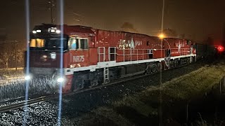 Pacific Nationals NR75NR19 in Ghan livery lead 2SB3 through a wet Greenbank 101224 [upl. by Eelyah]