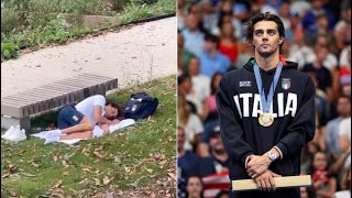 Olympic gold medalist Thomas Ceccon spotted sleeping in park [upl. by Suzanna]