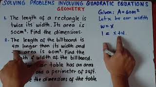 Solving Problems Involving Quadratic Equations  Geometry  Area and Perimeter [upl. by Geordie467]